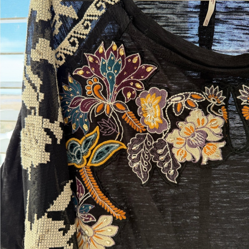 Freepeople Floral Embroidered Black Top